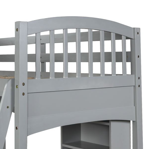 Homeroots Gray Twin Size Loft Bed With Desk And Shelves  Manufactured Wood + Solid Wood 404068