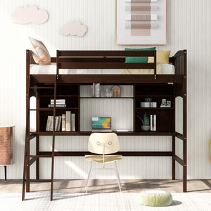 Homeroots Brown Twin Size Loft Bed With Desk And Shelves  Manufactured Wood + Solid Wood 404070