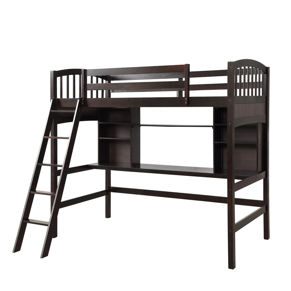 Homeroots Brown Twin Size Loft Bed With Desk And Shelves  Manufactured Wood + Solid Wood 404070