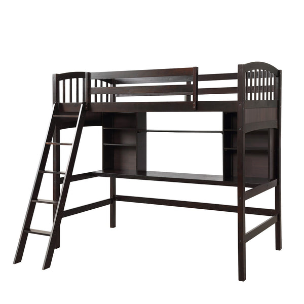 Homeroots Brown Twin Size Loft Bed With Desk And Shelves  Manufactured Wood + Solid Wood 404070