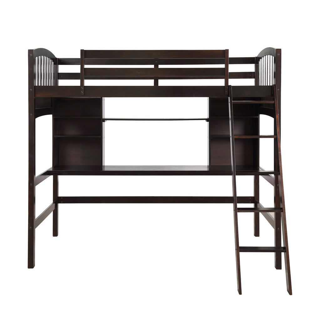 Homeroots Brown Twin Size Loft Bed With Desk And Shelves  Manufactured Wood + Solid Wood 404070