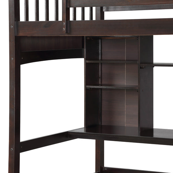 Homeroots Brown Twin Size Loft Bed With Desk And Shelves  Manufactured Wood + Solid Wood 404070