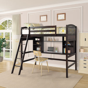 Homeroots Brown Twin Size Loft Bed With Desk And Shelves  Manufactured Wood + Solid Wood 404070