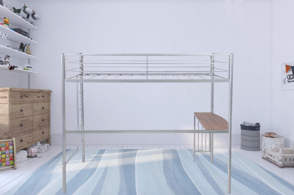 Homeroots Silver Metal Twin Size Loft Bed With Desk  Steel 404071