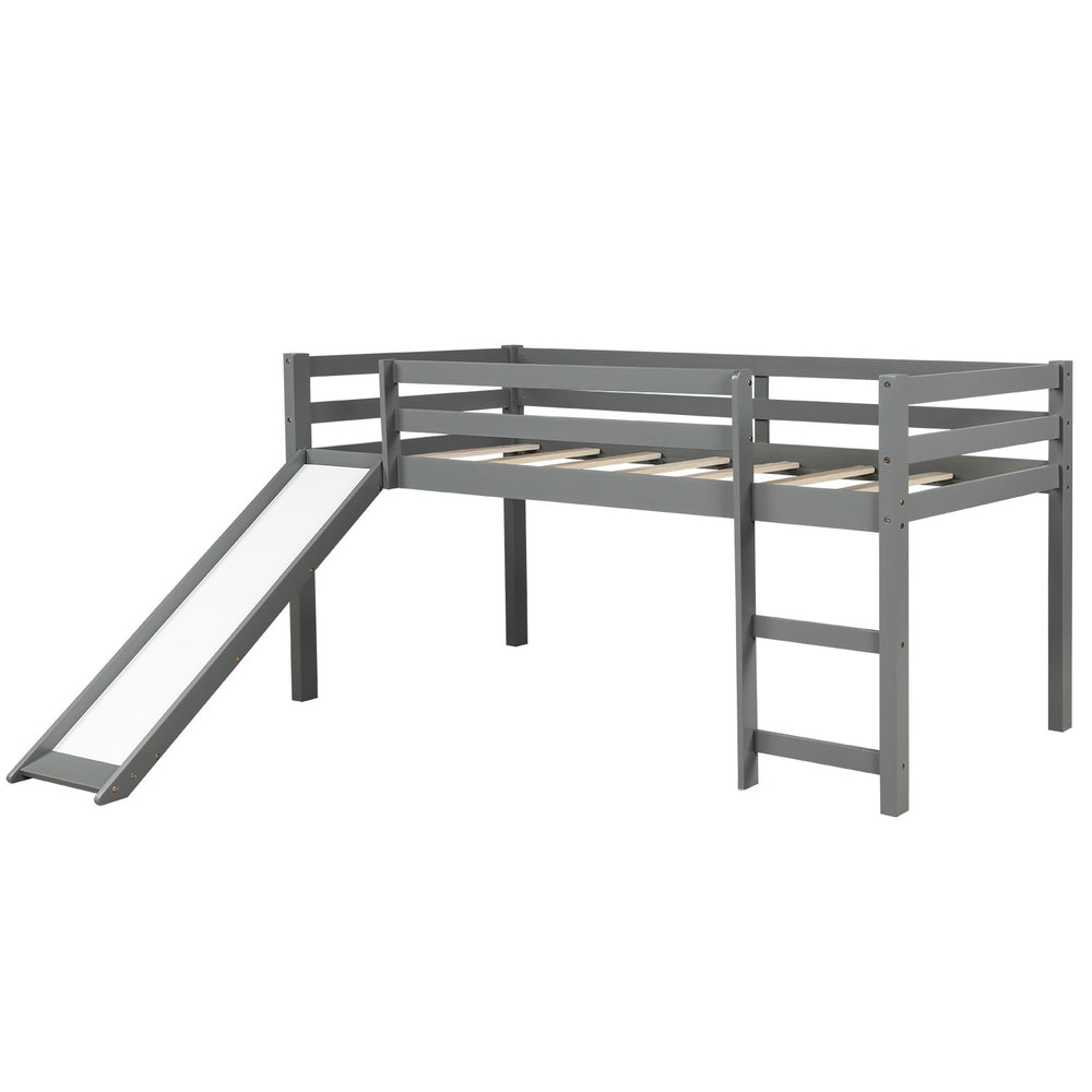 Homeroots Gray Twin Size Low Loft Bed With Slide  Manufactured Wood + Solid Wood 404078