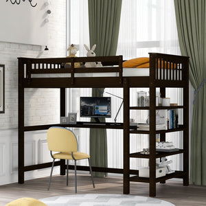 Homeroots Espresso Twin Size Wood Loft Bed With Storage Shelves And Desk  Manufactured Wood + Solid Wood 404097