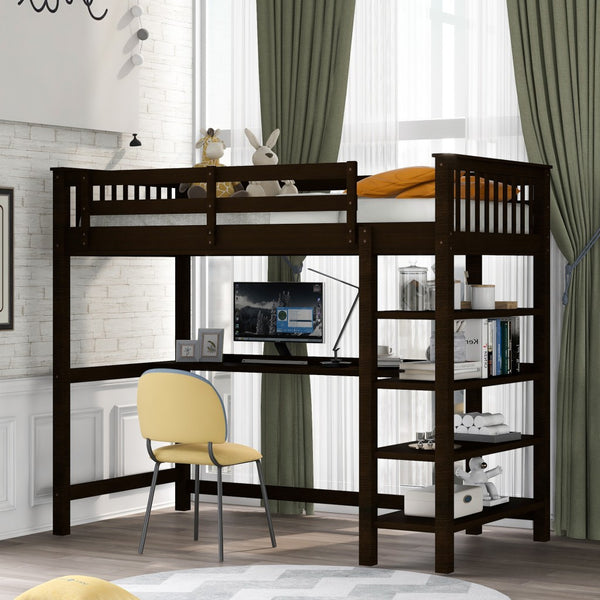 Homeroots Espresso Twin Size Wood Loft Bed With Storage Shelves And Desk  Manufactured Wood + Solid Wood 404097