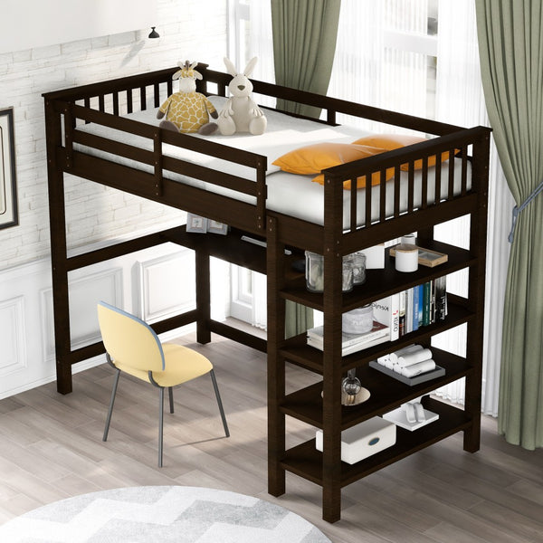 Homeroots Espresso Twin Size Wood Loft Bed With Storage Shelves And Desk  Manufactured Wood + Solid Wood 404097