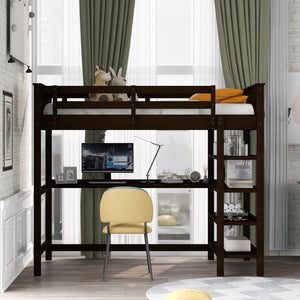 Homeroots Espresso Twin Size Wood Loft Bed With Storage Shelves And Desk  Manufactured Wood + Solid Wood 404097