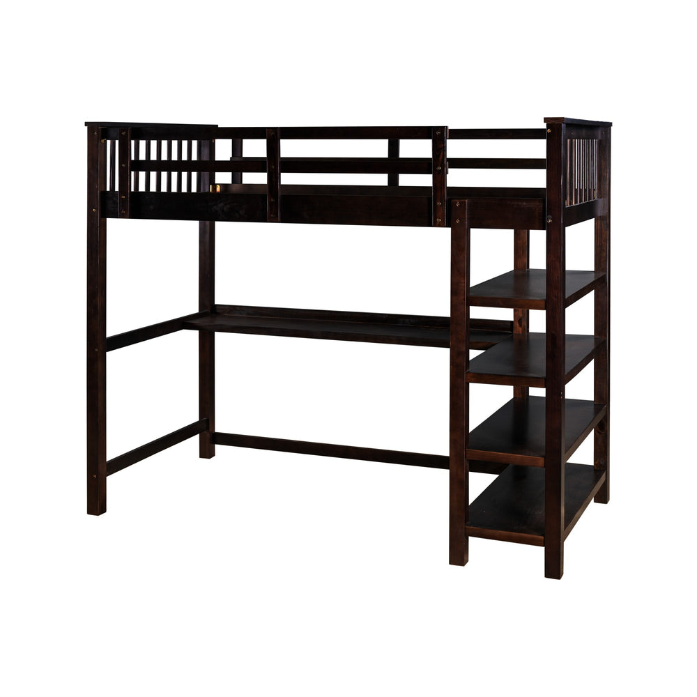 Homeroots Espresso Twin Size Wood Loft Bed With Storage Shelves And Desk  Manufactured Wood + Solid Wood 404097
