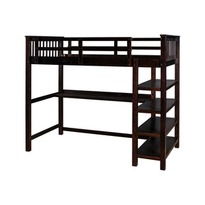 Homeroots Espresso Twin Size Wood Loft Bed With Storage Shelves And Desk  Manufactured Wood + Solid Wood 404097