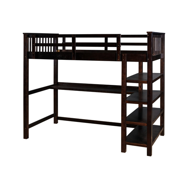 Homeroots Espresso Twin Size Wood Loft Bed With Storage Shelves And Desk  Manufactured Wood + Solid Wood 404097