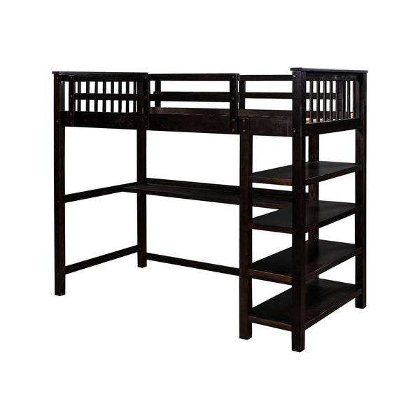 Homeroots Espresso Twin Size Wood Loft Bed With Storage Shelves And Desk  Manufactured Wood + Solid Wood 404097