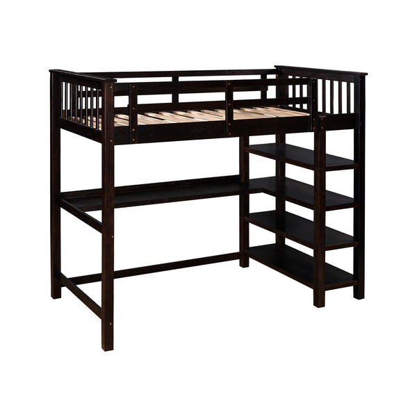 Homeroots Espresso Twin Size Wood Loft Bed With Storage Shelves And Desk  Manufactured Wood + Solid Wood 404097