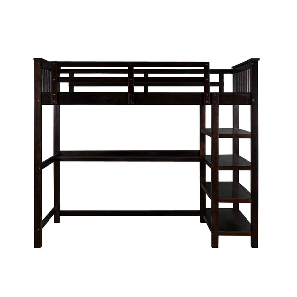 Homeroots Espresso Twin Size Wood Loft Bed With Storage Shelves And Desk  Manufactured Wood + Solid Wood 404097