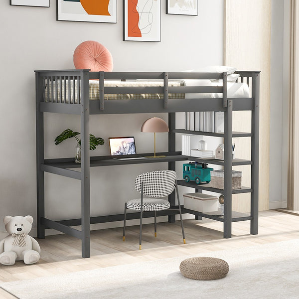 Homeroots Gray Twin Size Wood Loft Bed With Storage Shelves And Desk  Manufactured Wood + Solid Wood 404098