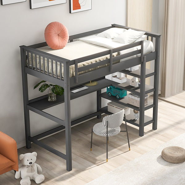 Homeroots Gray Twin Size Wood Loft Bed With Storage Shelves And Desk  Manufactured Wood + Solid Wood 404098