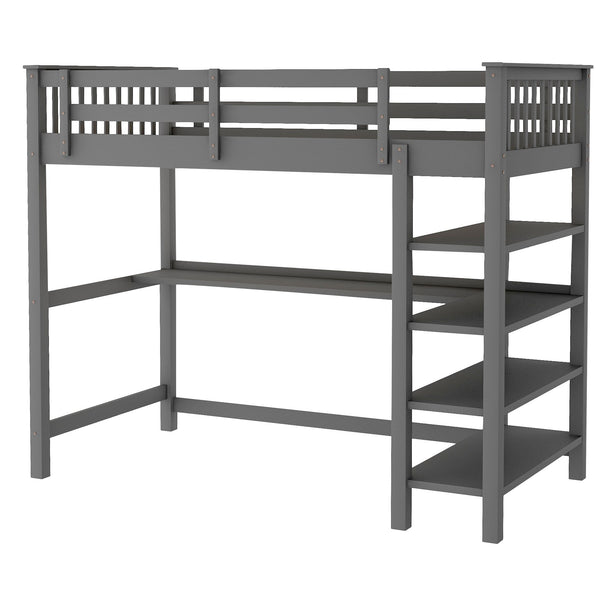 Homeroots Gray Twin Size Wood Loft Bed With Storage Shelves And Desk  Manufactured Wood + Solid Wood 404098