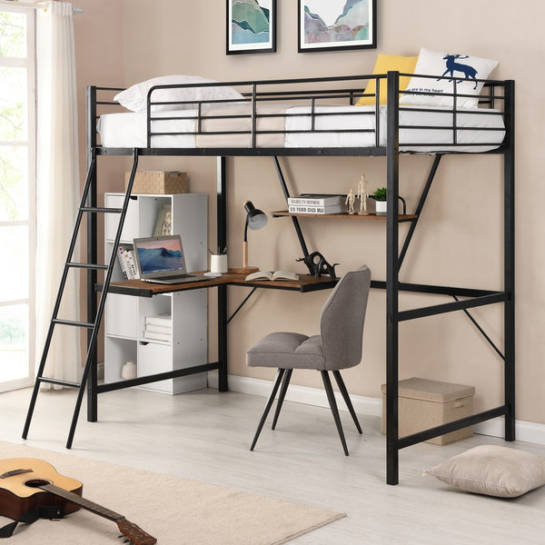 Homeroots Black Metal Loft Bed With L Shaped Desk And Shelf  Steel 404099