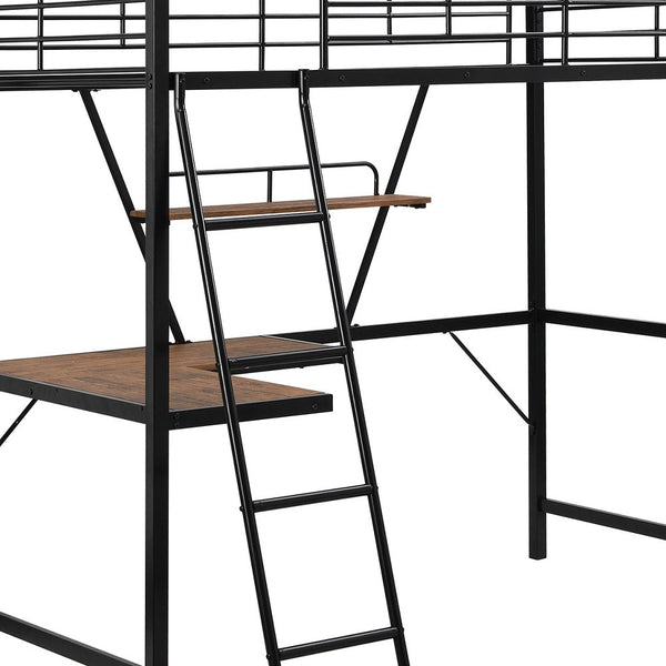 Homeroots Black Metal Loft Bed With L Shaped Desk And Shelf  Steel 404099