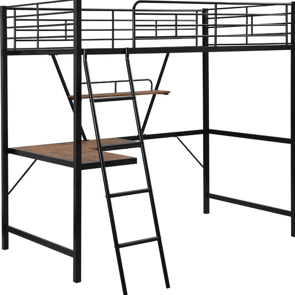 Homeroots Black Metal Loft Bed With L Shaped Desk And Shelf  Steel 404099