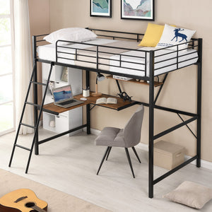Homeroots Black Metal Loft Bed With L Shaped Desk And Shelf  Steel 404099