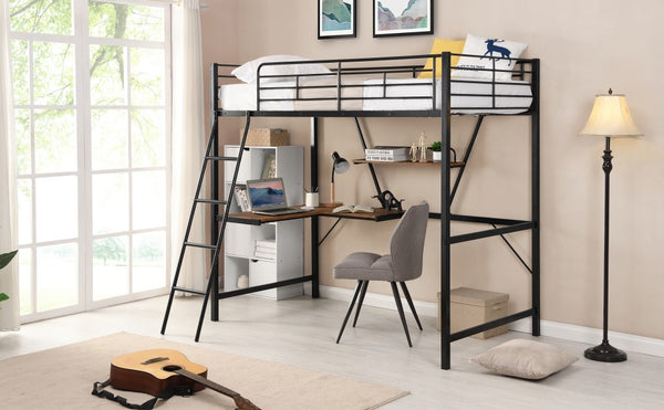 Homeroots Black Metal Loft Bed With L Shaped Desk And Shelf  Steel 404099