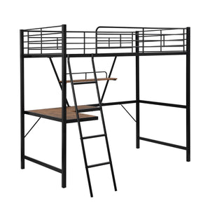 Homeroots Black Metal Loft Bed With L Shaped Desk And Shelf  Steel 404099