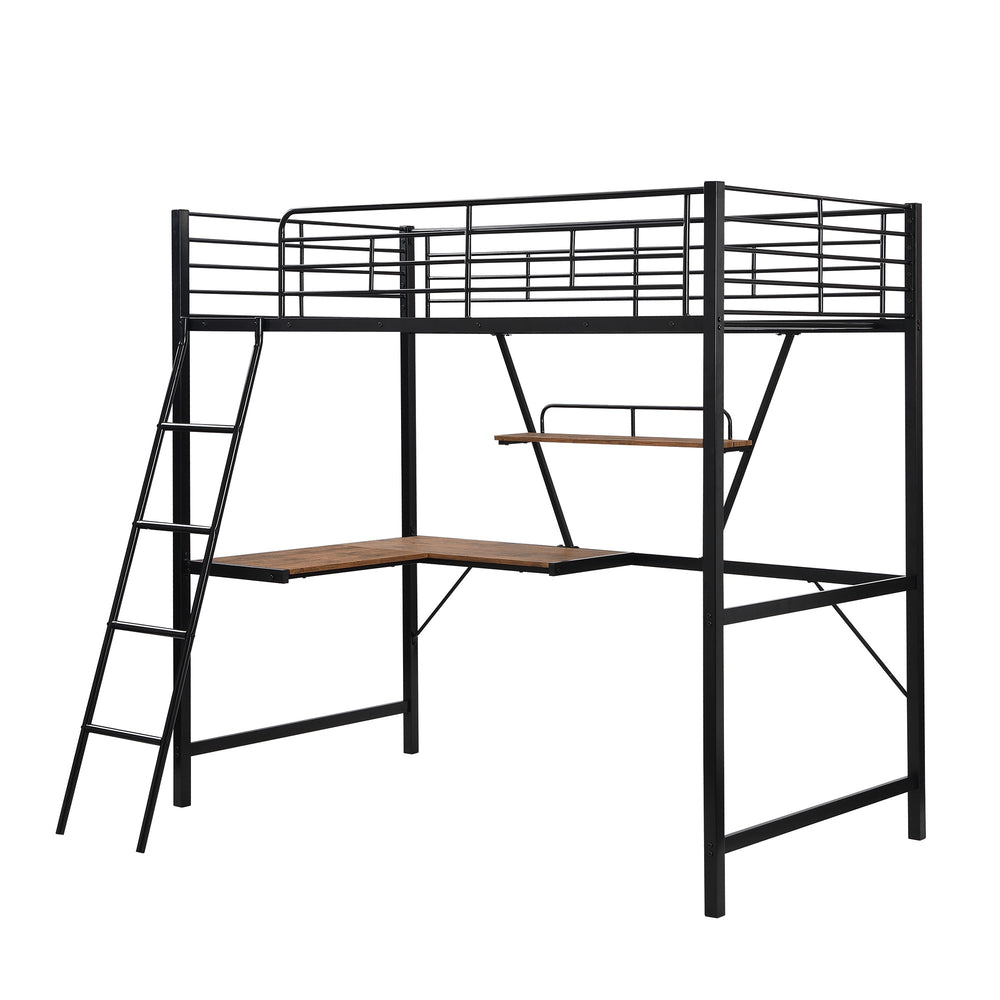 Homeroots Black Metal Loft Bed With L Shaped Desk And Shelf  Steel 404099