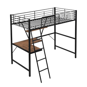 Homeroots Black Metal Loft Bed With L Shaped Desk And Shelf  Steel 404099