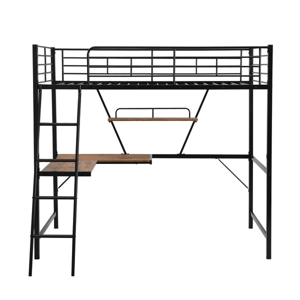 Homeroots Black Metal Loft Bed With L Shaped Desk And Shelf  Steel 404099
