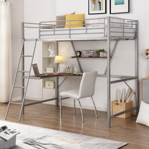 Homeroots Silver Metal Loft Bed With L Shaped Desk And Shelf  Steel 404100
