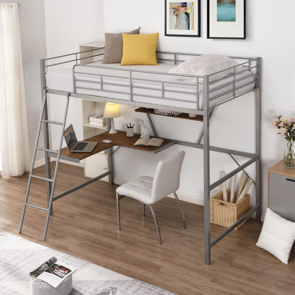 Homeroots Silver Metal Loft Bed With L Shaped Desk And Shelf  Steel 404100