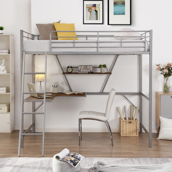 Homeroots Silver Metal Loft Bed With L Shaped Desk And Shelf  Steel 404100