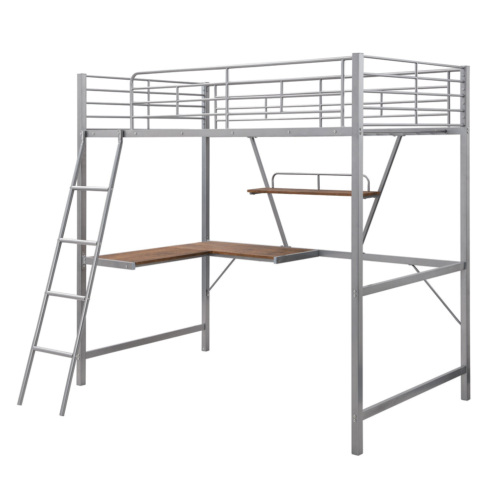 Homeroots Silver Metal Loft Bed With L Shaped Desk And Shelf  Steel 404100