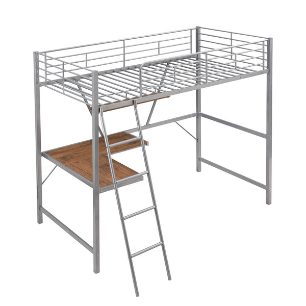 Homeroots Silver Metal Loft Bed With L Shaped Desk And Shelf  Steel 404100