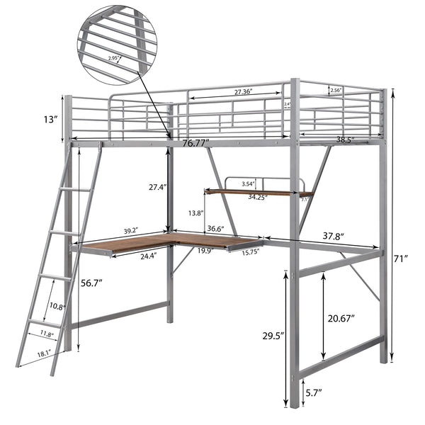 Homeroots Silver Metal Loft Bed With L Shaped Desk And Shelf  Steel 404100