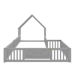 English Elm Full House Floor Bed with Door and Guardrails for Kids, Solid Wood Double Full, Safe Play Nook Grey W1580P354640