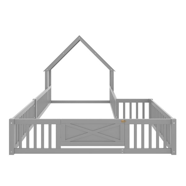 English Elm Full House Floor Bed with Door and Guardrails for Kids, Solid Wood Double Full, Safe Play Nook Grey W1580P354640