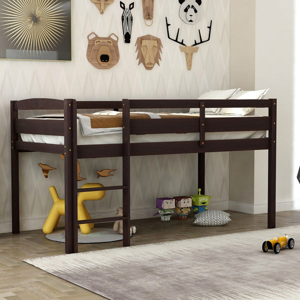 Homeroots Brown Twin Size Low Loft Bed  Manufactured Wood + Solid Wood 404101