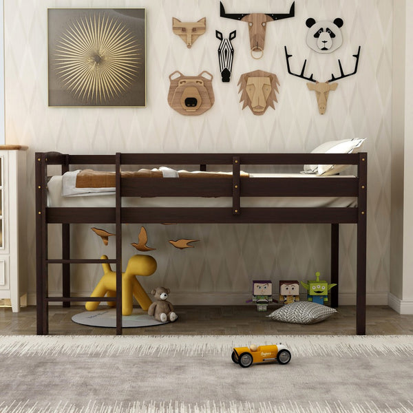 Homeroots Brown Twin Size Low Loft Bed  Manufactured Wood + Solid Wood 404101