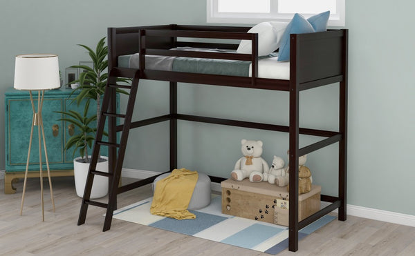 Homeroots Brown Twin Size Hight Loft Bed  Manufactured Wood + Solid Wood 404106