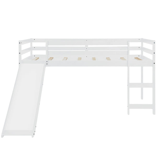 Homeroots White Low Loft Bed With Slide  Manufactured Wood + Solid Wood 404107