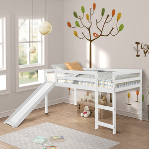 Homeroots White Low Loft Bed With Slide  Manufactured Wood + Solid Wood 404107