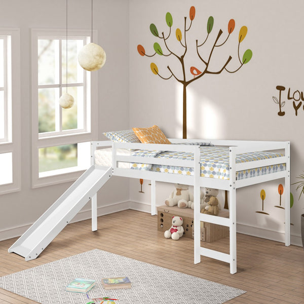 Homeroots White Low Loft Bed With Slide  Manufactured Wood + Solid Wood 404107