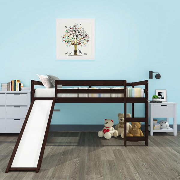 Homeroots Brown Low Loft Bed With Slide  Manufactured Wood + Solid Wood 404108