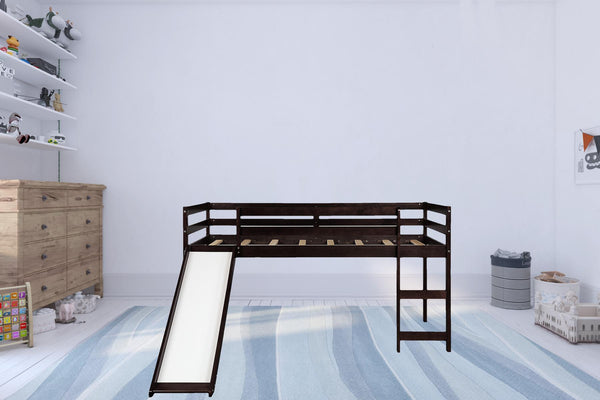 Homeroots Brown Low Loft Bed With Slide  Manufactured Wood + Solid Wood 404108