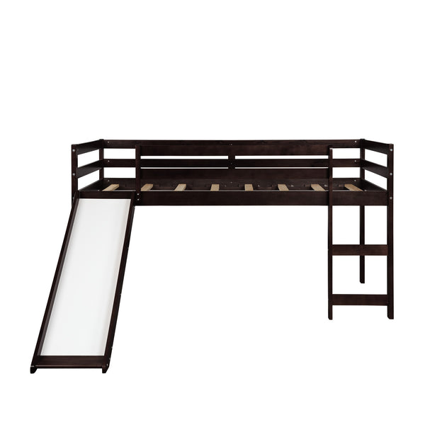 Homeroots Brown Low Loft Bed With Slide  Manufactured Wood + Solid Wood 404108