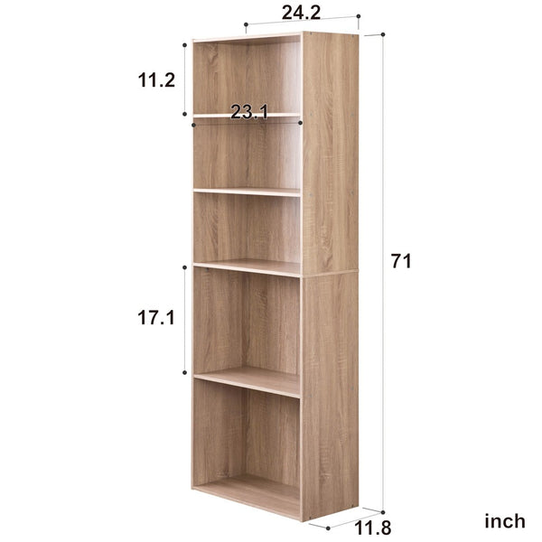 Homeroots Classic Natural Finish Five Shelf Bookcase  Manufactured Wood 404143