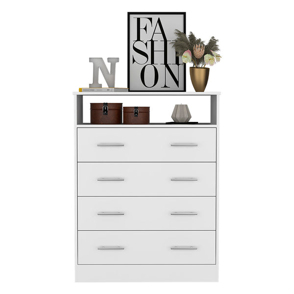 English Elm Four Drawer Dresser with Superior Top and Open Shelf, Engineered Wood, Metal Hardware, Modern Storage White 47 L x 21 W x 4 H B097S00114